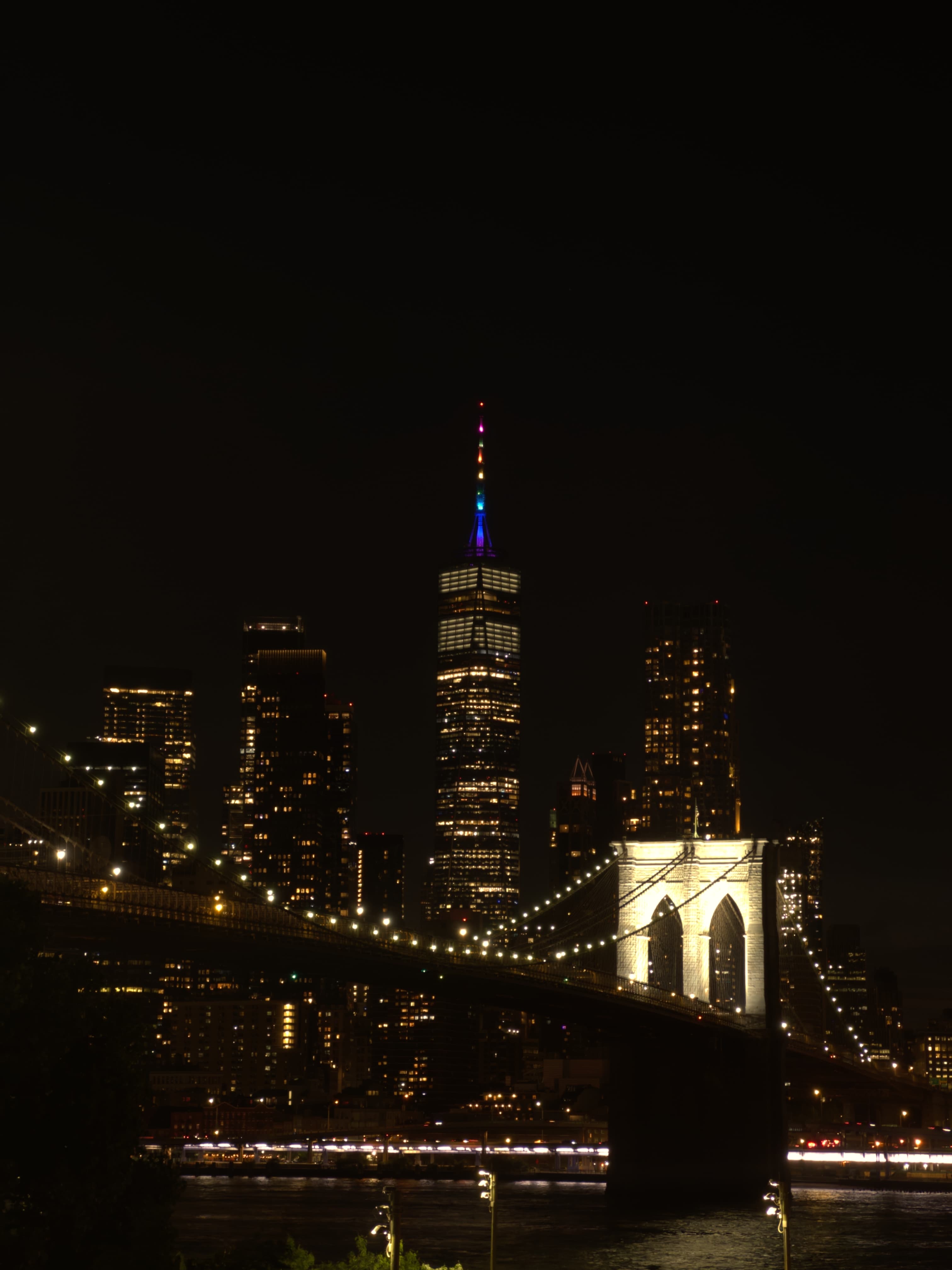 New York city skyline of illuminated skyscrapers at night